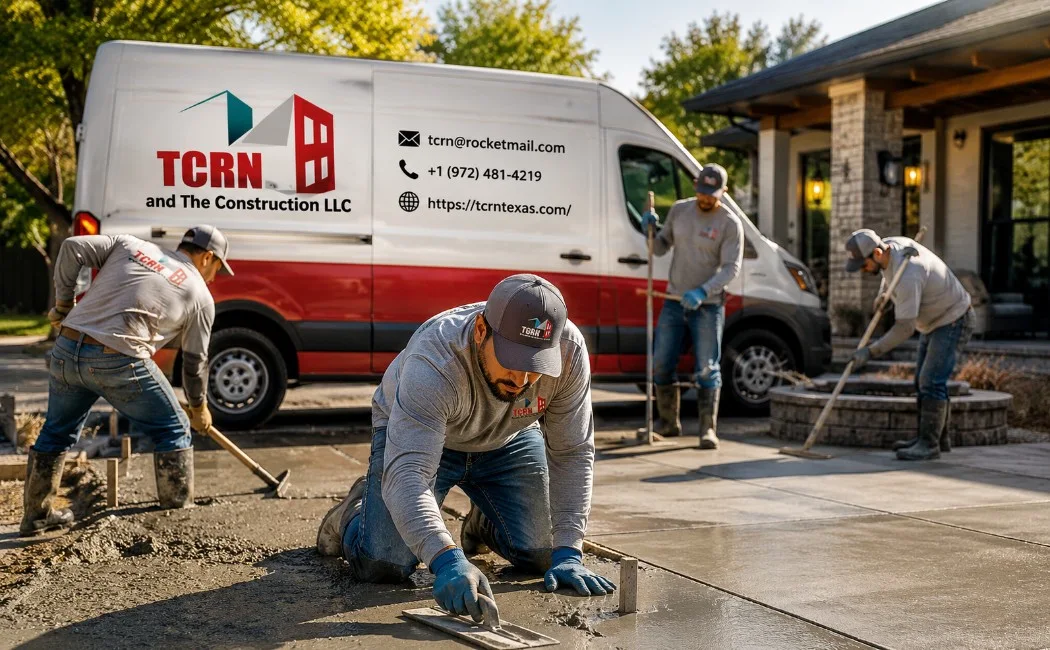 Concrete flatwork examples with residential driveway, patio, and slab